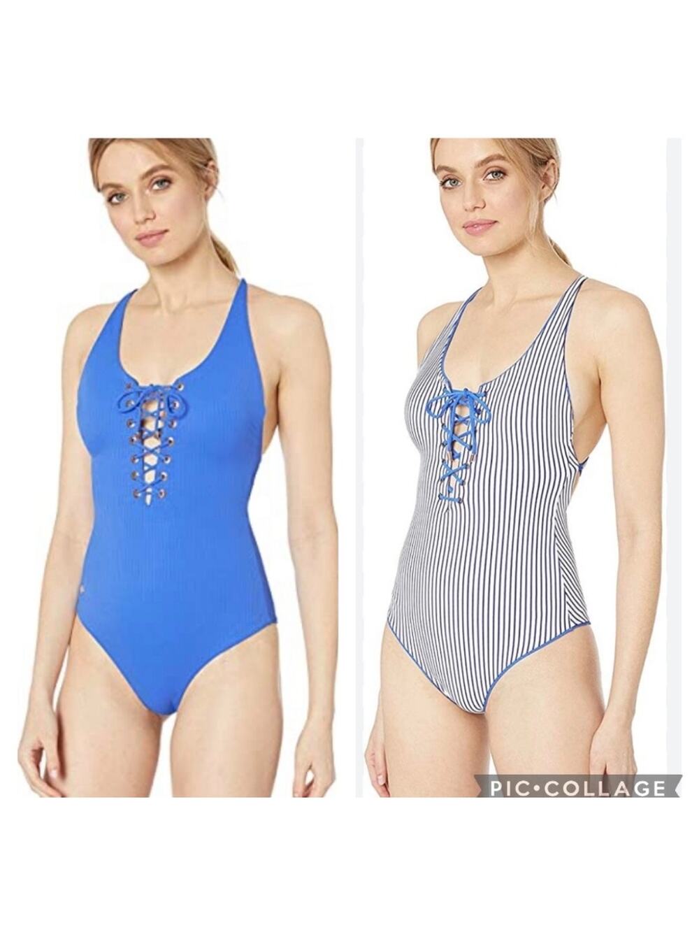 Maaji Reversible One Piece Swimsuit Blue Ribbed Blue White Stripe